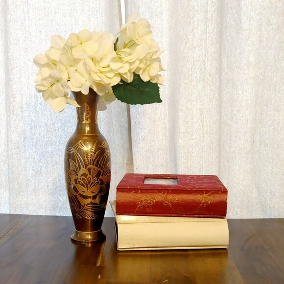 Vintage Solid Brass Etched Floral Design Vase Made In India - 13.75" Tall - Picture 7 of 7